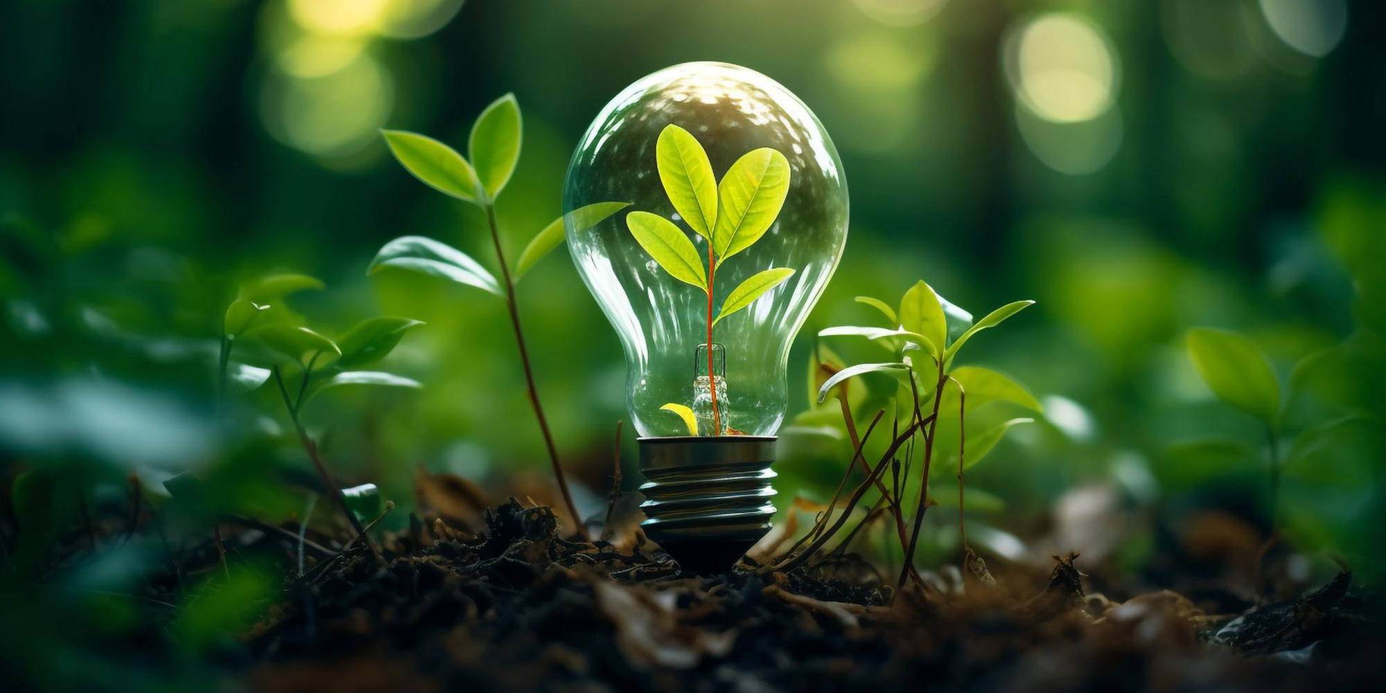A beautiful plant inside of a light bulb in the middle of a forest