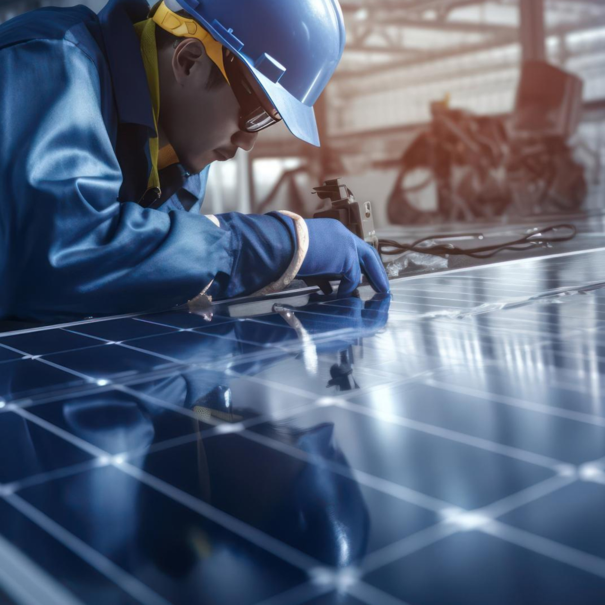 Technicians building panels solars